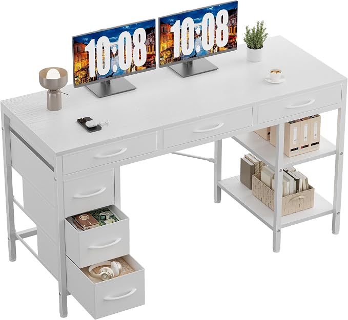 OLIXIS 56 Inch Computer Desk with 6 Fabric Drawers, for Home Office Work | 6 Fabric Drawers & Reversible Gaming Desk, Office Workstation, Corner Desk with Storage, Home Office,Living Room, Dorm, White