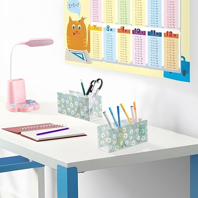 White Daisy Acrylic Pencil Pen Holder Desk Accessories Holder, Cosmetic Brush Organizer Modern Design Desktop Stationery Organizer for Office School and Home 7.87 x 2.48 x 3.54 In