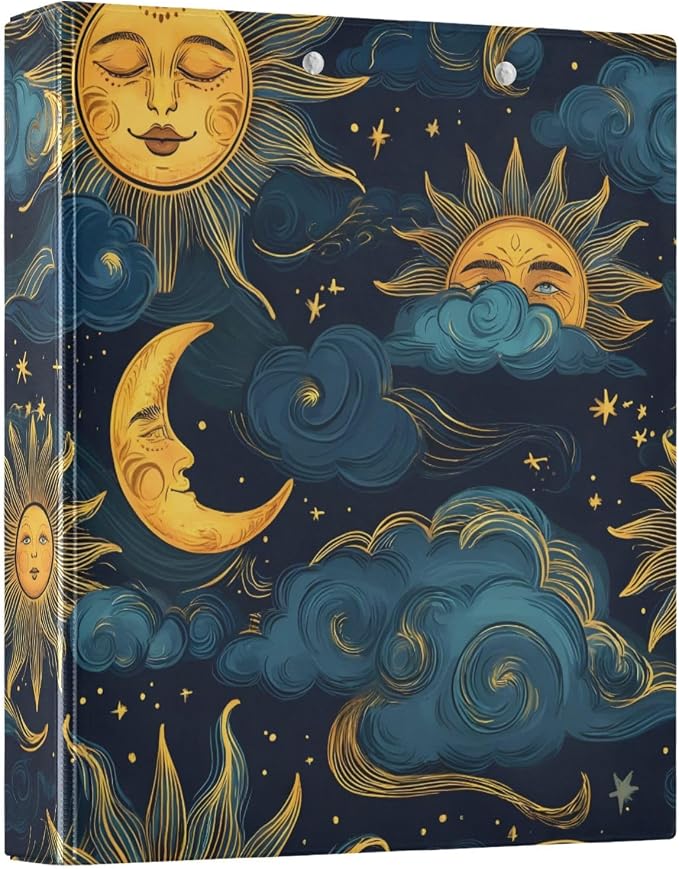 Moon Sun Galaxy Astrology 3 Ring Binder with 2 Interior Pockets 1.5 inch Binders 3 Ring Heavy Duty Fit 8.5" x 11" Letter Size for Office School, 2 Pack