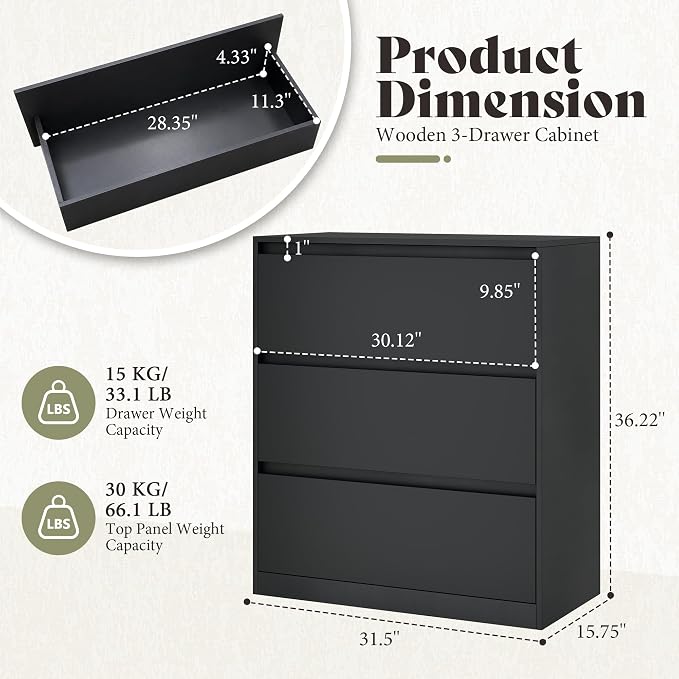 AMERLIFE Storage Cabinet with 3 Drawers, 32 x 16 x 36 Inch | 3-Tier Storage Case and Modern Display Shelf for Collectibles, Black
