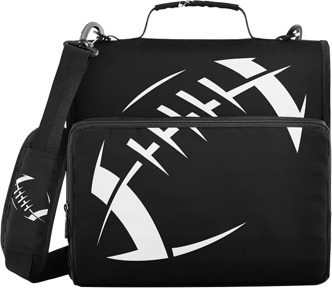 Fisyme American Football Black Zipper Binder 3 Ring with Zipper and Shoulder Strap Large Capacity Multi-Pocket Binder Organizer