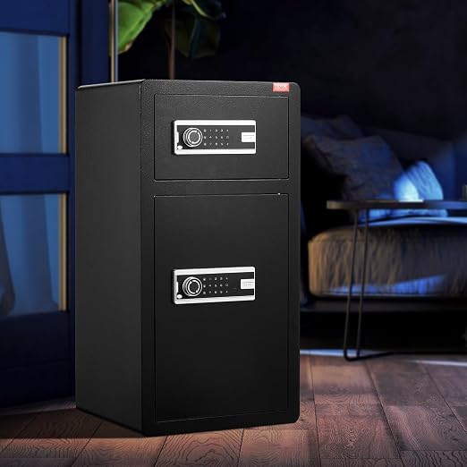 VEVOR Double Doors 5.5 cu.ft Safe Box with Key Lock & Password, Safe Lock Box with Fireproof Bag, Key Rack, LED Light, 2 Height Adjustable and Removable Divider and 1 Cabinet for Money,Documents,Black