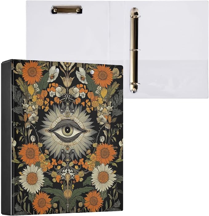 Vintage Floral Eye Goth Witchy Binder 3 Ring 1.5 Inch Binder with Clipboard&Pockets, Hardcover Binders Heavy Duty Large File Folder for Office School Supplies - Holds 200 Sheets