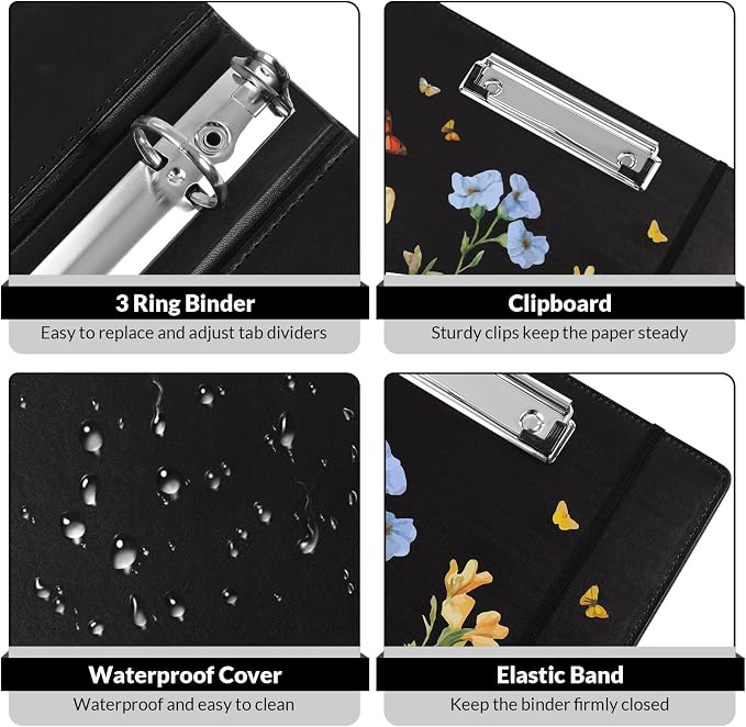 SKYDUE 1 Inch 3-Ring Binder with Clipboard, PU Aesthetic Binder with 5 Dividers, Notepad, Stickers & Pockets for Work and School (Letter Size)
