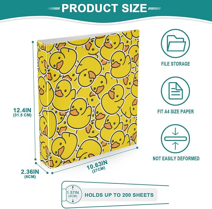 3 Ring Binder Cartoon Yellow Duck 1.5 Inch Three Ring Binder | Cute Binder with 3 Storage Pockets for Women School Office Supplies