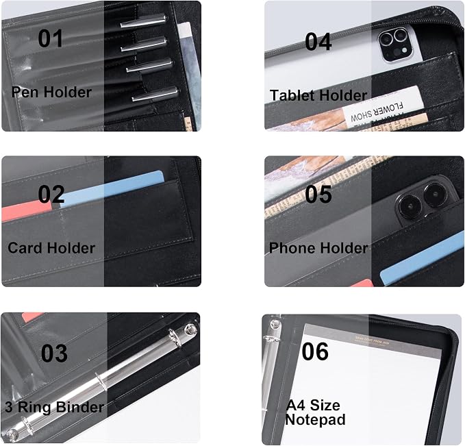 Black Vegan Leather Binder Portfolio for Women and Men,3 Ring Portfolio Binder with Zipper, A4 Planner Padfolio with Laptop Pocket,Legal Size Folio,Work padfolio Organizer for Women