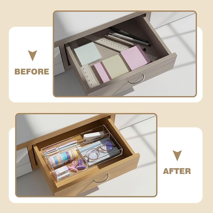 Briwooody 2 Pcs Clear Acrylic Desk Drawer Organizer 11 x 6 x 1.38 Inch Drawer Organizer Trays with 4 Compartments Desk Accessories for Office Makeup Silverware Bathroom