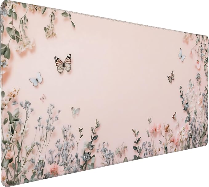 Cute Floral Aesthetic Wildflower Large Mouse Pad, Pink Macaron Desk Mat with Anti-Slip Base & Stitched Edges, Computer Keyboard & Laptop Pad, 35.4" x 15.7" in in Workstation Accessories