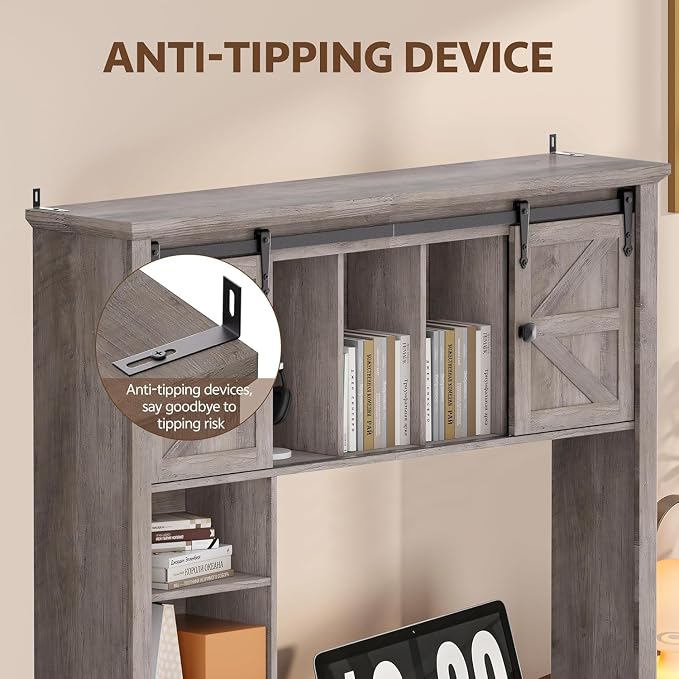 Large Desktop Bookshelf with Sliding Barn Door, 47.2''W Desk Shelf | Display Rack, Desktop Organizer Storage Rack with 7 Cubbies and Drawer, Home, Desk Shelf for Office, Dorm, Vanity, Oak