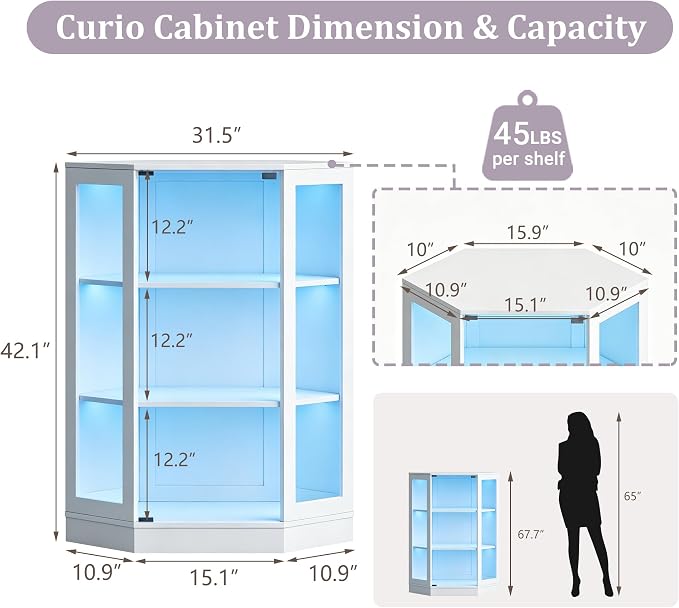 Corner Display Cabinet with Glass Doors, 3-Tier Curio Cabinets with RGB Lights, 42" Display Case with Wood Shelves for Collectibles, White