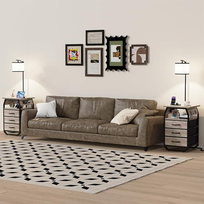 runjuly Floor Lamp with Table Set of 2, End Tables with Lamps Attached 3-Color Temperature Bulb, Side Table with Lamp with 3 Drawers & Charging, Lamps Tables Combo for Bedroom, Dorm Apartment - Greige