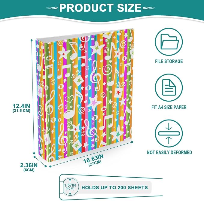 Colorful Music Note Binder 1.5 Inch Binder with Clipboard&Pockets, Rainbow Musical Hardcover Binders 3 Ring, Striped Music Notes Heavy Duty Large File Folder for Office School Supplies