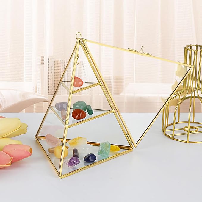 ELLDOO 3 Tier Glass Display Case for Collectibles, Triangular Crystal Display Shelf, Crystal Holder Decorative Display Tray for Crystals Healing Stones Marbles, Gold Metal Jewelry Display Stand