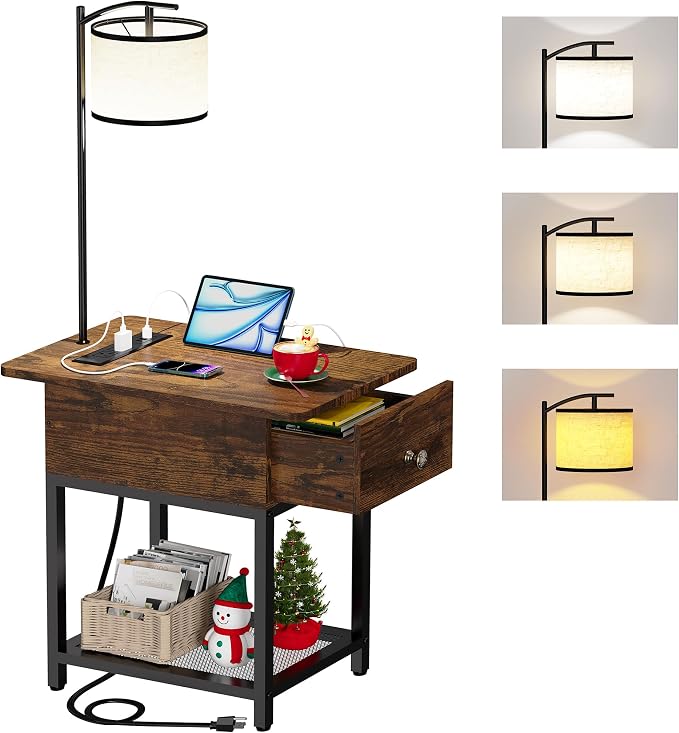 runjuly Floor Lamp with Table, Narrow Side Table with Charging Station | Wood Drawer, Built in Type-C and USB Port, Light Attached Nightstand, End Table for Living Room / Bedroom, Rustic Brown