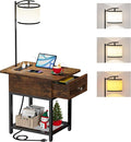 runjuly Floor Lamp with Table, Narrow Side Table with Charging Station | Wood Drawer, Built in Type-C and USB Port, Light Attached Nightstand, End Table for Living Room / Bedroom, Rustic Brown