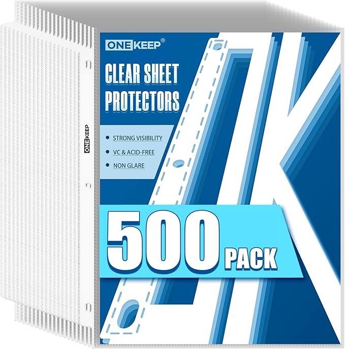 500 Pack Sheet Protectors, Top Loading Reinforced 3-Hole Page | Protectors for 3-Ring Binders, Fits Standard 8.5" x 11" Letter Size Paper, Perfect for Documents & Photos, Office Supplies