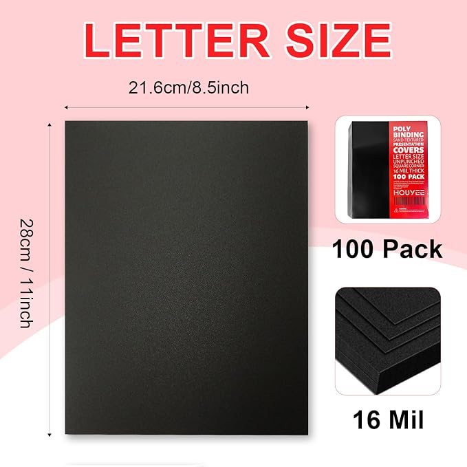 HOUYEE 100 Pack 16mil Binding Presentation Covers, Sand Texture, Black | Plastic Back Binding Polycovers, 8.5x11 Inch Letter Size, Square Corners,Un-Punched, Office & School Supplies