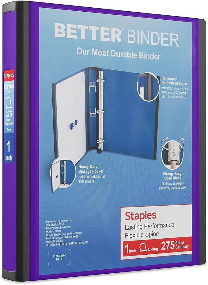 Staples Better Binder, 1-Inch D-Ring View, Purple, 275 Sheets | Reinforced spine for durable everyday use in office and school settings.