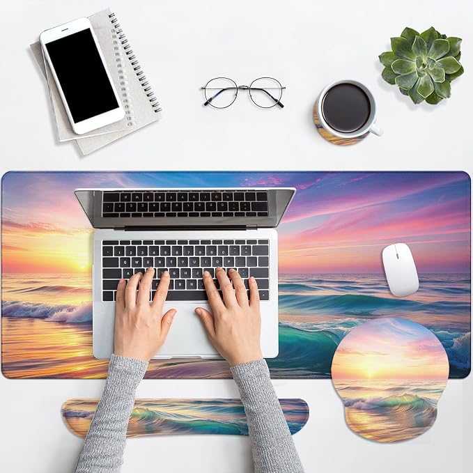 Keyboard Mouse Pad Set, 4 in 1 Desk Mat Set, Sunset Beach | Large Mousepad+Keyboard Wrist Rest+Mouse Wrist Rest+Coaster Ergonomic Design for Home Office Computer