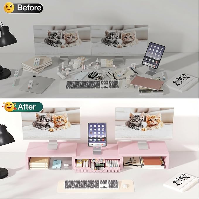 Dual Computer Monitor Stand Riser, Desk Organizer with Drawer, Office Desk Accessories & Workspace Organizers for Home Office Supplies, Pink