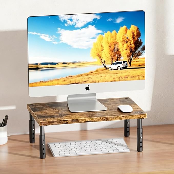 ECOLOVI Adjustable Wood Computer Monitor Stand Riser, Office Desk Organizer and Accessories for Monitor, Laptop, PC, Printer, Office Desk Accessories Workspace Organizer for Home Office Supplies, Brown 2-Pack