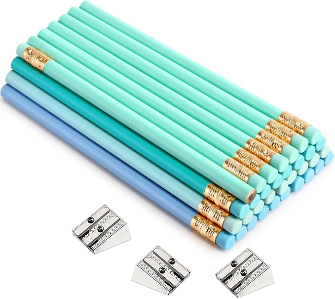 Fainne 48 Pcs Large Pencils 3 Sharpeners,Turquoise Blue Series,Round