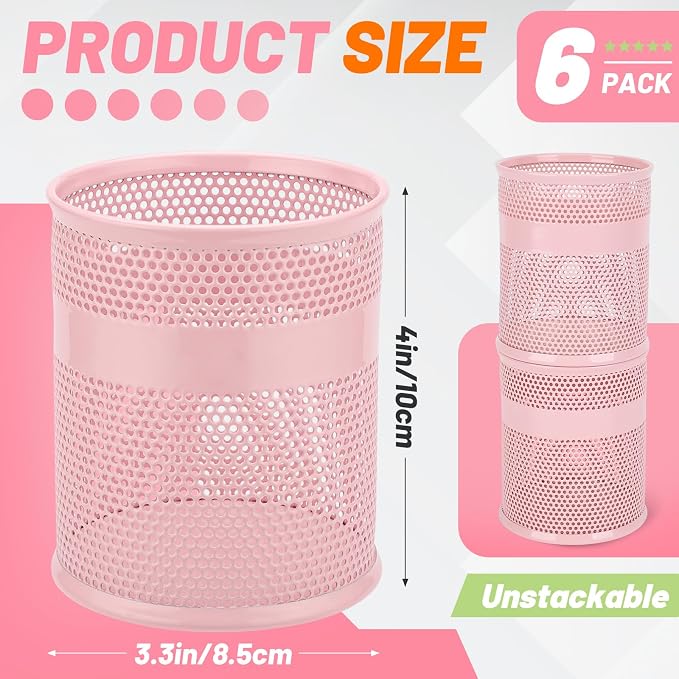 Segarty Pencil Holder, 6 Pack Pink Pen Holder, 3.3 x 3.9 inch Pencils Cups Holder, Round Metal Pens Container Organizer for Office Supplies, School Classroom, Makeup Brush, Home Storage
