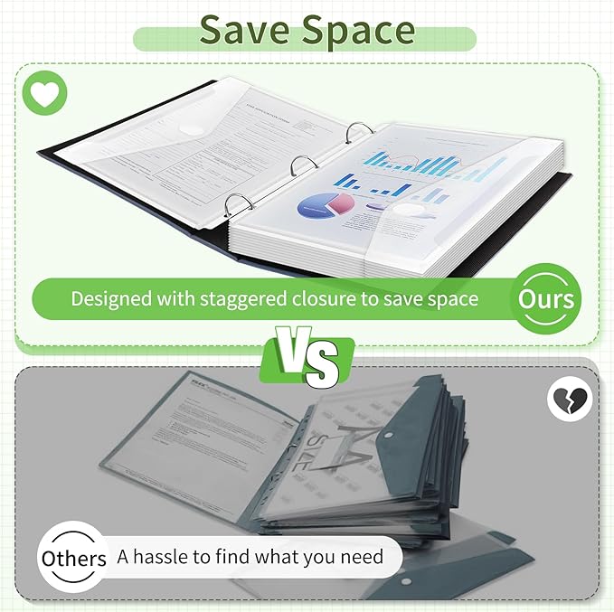 Sooez 30 Pack Binder Folders Pockets with Staggered Closures, Letter Size | Clear Binder Pockets for 3 Ring Binder, Space-saving Binder Organizer Sleeves, Binder Divider with Pockets, for School Office