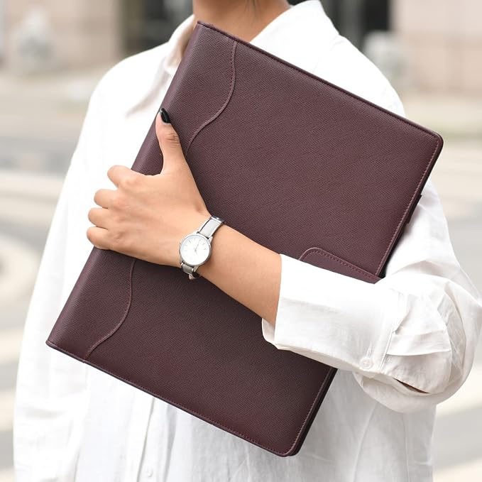 Wonderpool A4 PU Leather 3 & 4 Ring Holder Writing Portfolio Multi Document Case with Removable Binder Clipboard and Functional Pocket for Organizer Office Travel School (Coffee)