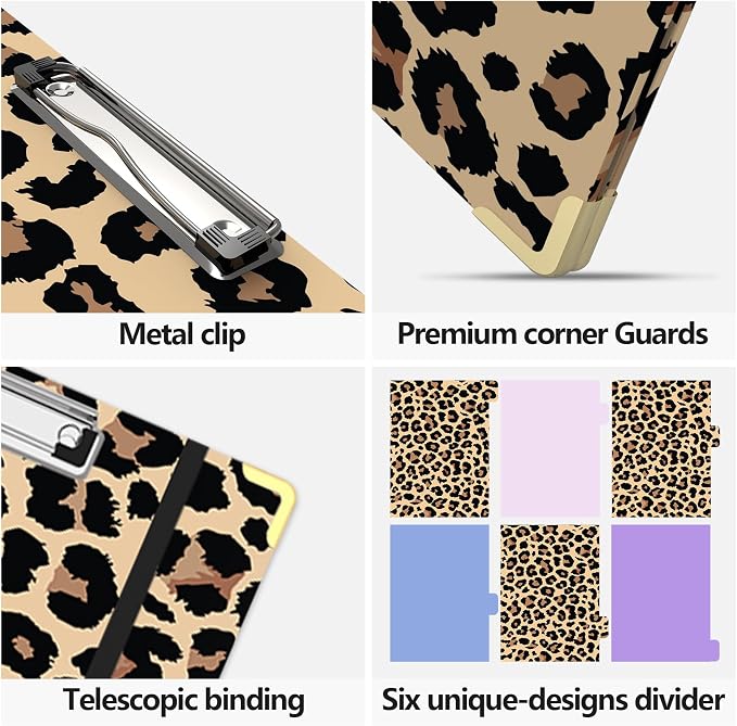 3 Ring Binder 1 Inch Round Ring Binder with 6 Tab Dividers，2 Interior Pockets，Cute Binder Clipboard with Storage, for School Office, Portfolio(Cheetah Spots)