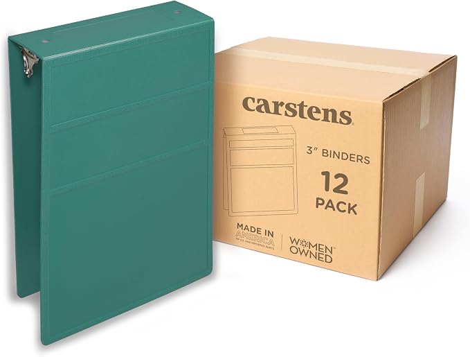 Carstens 3-Inch Heavy Duty 3-Ring Binder - Top Opening, Teal, Durable Plastic, No-Gap Rings, Waterproof Cover, No Pockets, Holds 400 US Letter Sheets, BPA-Free, Made in USA (1715-3R), Case of 12