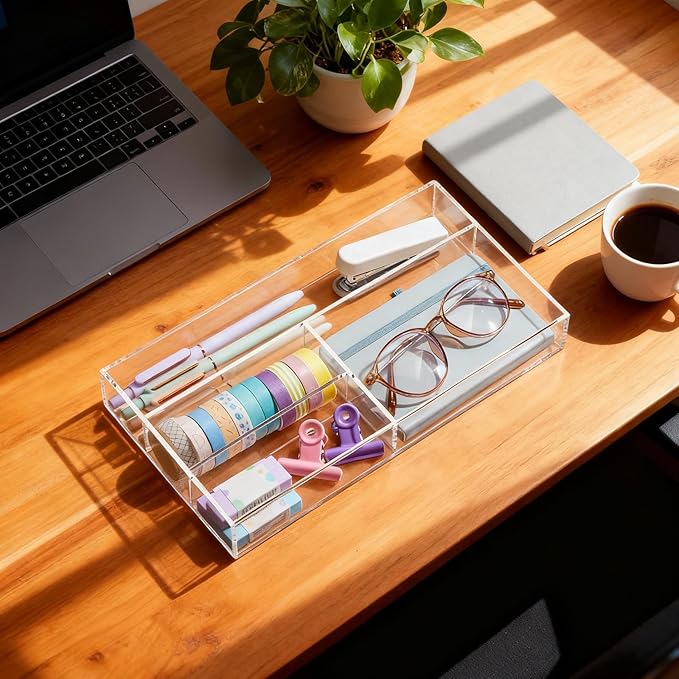 Briwooody 2 Pcs Clear Acrylic Desk Drawer Organizer 11 x 6 x 1.38 Inch Drawer Organizer Trays with 4 Compartments Desk Accessories for Office Makeup Silverware Bathroom