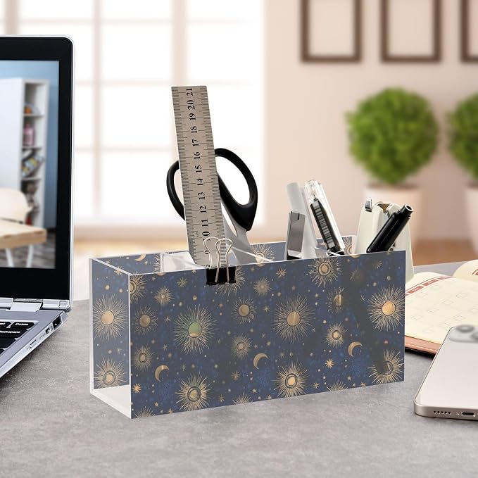 Sun Moon Star Acrylic Pencil Pen Holder Desk Accessories Holder, Cosmetic Brush Organizer Modern Design Desktop Stationery Organizer for Office School and Home 7.87 x 2.48 x 3.54 In