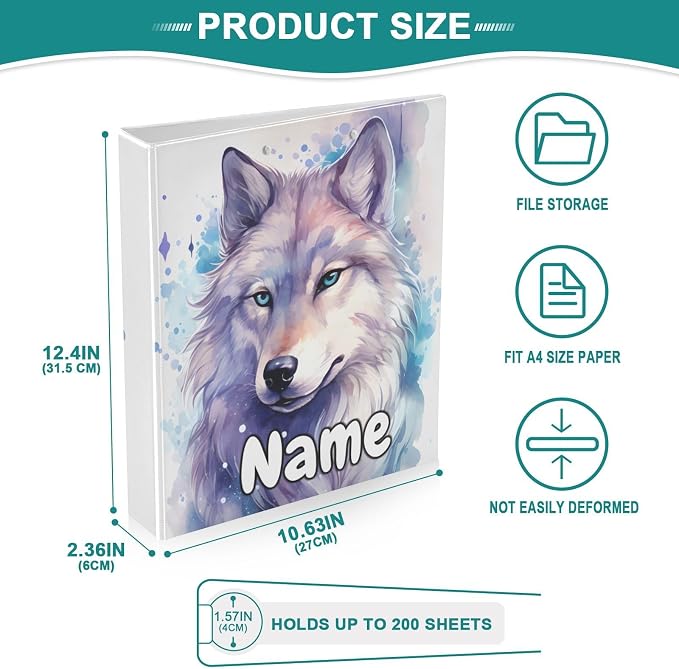 Custom 3 Ring Binder Wolf Watercolor 1.5" Round Ring Binders Personalized Name View Binder with 200 Sheet for Kids School Supplies Women Men Office, 1 Pack