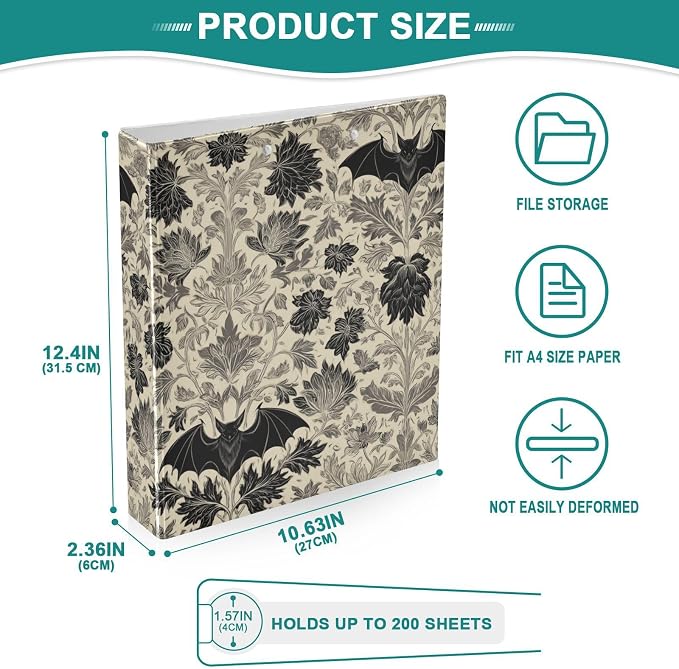 Gothic Bat Round Ring Binders Floral (1) 1.5 Inch 3 Ring Binder with Clipboard Holds 200 Sheets Office Home School