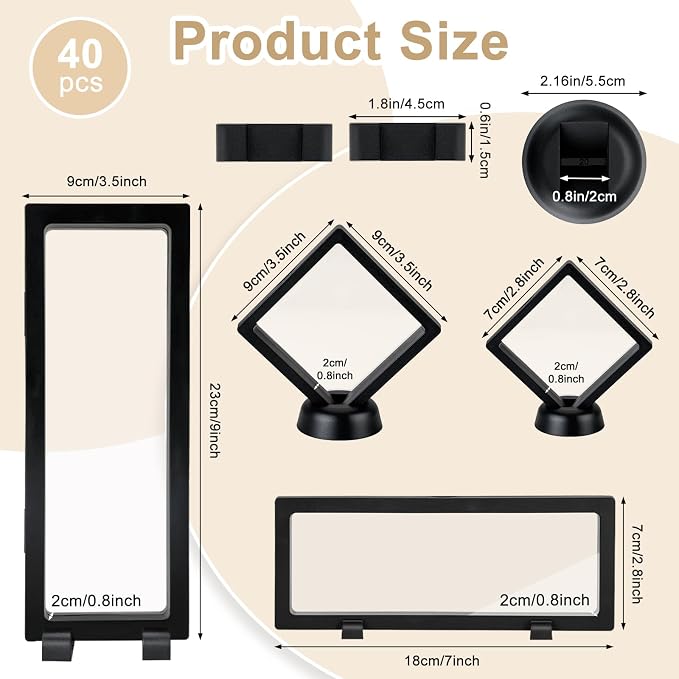 40 Pcs Floating Display Case, 3D Challenge Coin Holder Frame | PE Film, Black, Storage Box with Stands, Perfect for Preserving and Displaying Jewelry, Rocks, Medallion, Shells, Gems, Pins