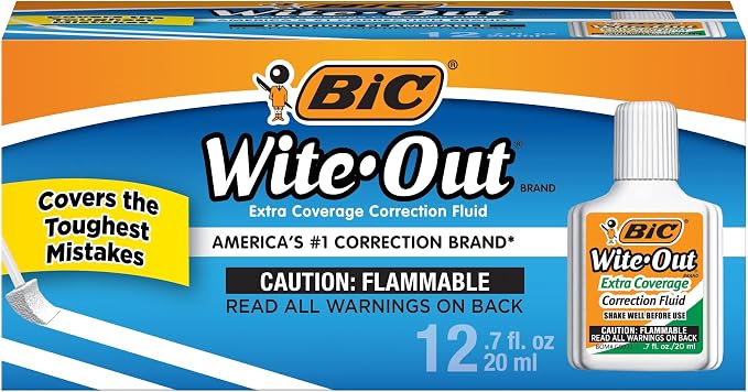 BIC Wite Out Extra Coverage Correction Fluid, 20 mL, White, 12-Count Pack