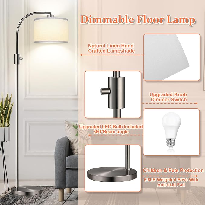 Nintiue Upgraded Modern Arc Dimmable Tall Standing Floor Lamp with Linen Shade, 1200 Lumens LED Bulb Included, for Living & Reading Room, Bedroom, Office & Nursery, Brushed Nickel