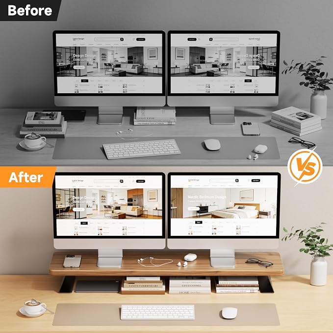 Dual Monitor Stand Riser, 39 Inch Large Wood Monitor Stands for 2 Monitors | Desk Monitor Riser for Computer/Laptop/Printer/TV, Stand Riser up to 220 lbs
