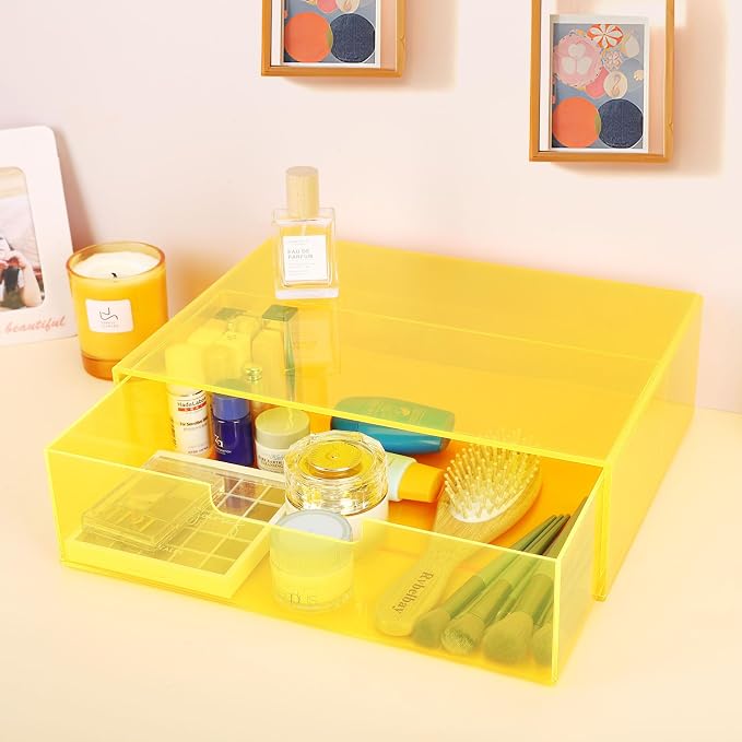 Gelite Acrylic Desk Organizer with Drawer for Makeup Vanity Stackable Desktop Storage Box for Office Supplies, 13.8 x 9.8 x 3.9’’, Neon Yellow