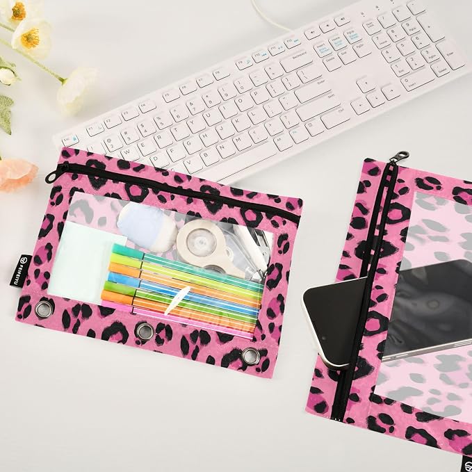Custom Hot Pink Black Leopard Print Pencil Pouch for 3 Ring Binder, 2 Pack Personalized Name Waterproof Pencil Bags Clear Window Pencil Case School Office Supplies