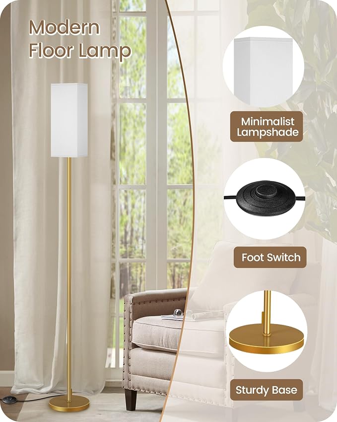 2Pack Floor Lamp, Pole Lamp with Foot Switch, Modern Standing Lampshade, Minimalist Freestanding Lamp (Bulb Not Included)for Living Room, Bedroom,Study, ETL Listed,Gold and White DCW07LDP205
