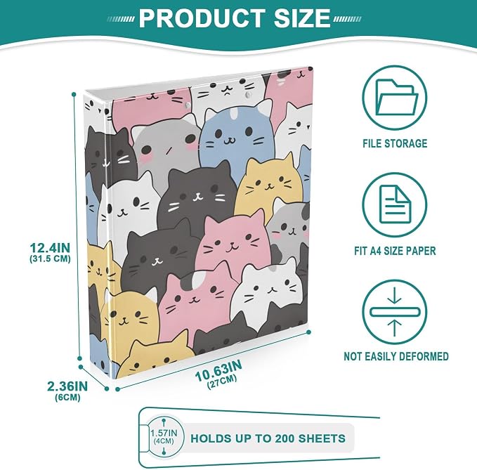 3 Ring Binder Cats Cute Animal 1.5 inch Binders Three Ring Binders with Clipboard Fit 8.5'' x 11'' Paper 3 Interior PVC Clear Pockets for Office Supplies