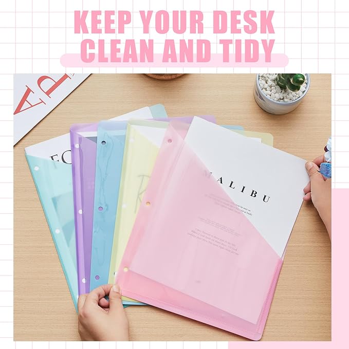 Maitys 50 Pack Binder Pockets 3 Ring, Letter Size 8.5x11,Macaron Color | Clear Plastic Document Sleeves, Sheet Protectors with Slash Jacket, Fits Standard 3 Hole Binders, Organize Office Papers
