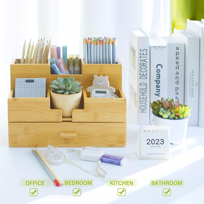 Bamboo Desk Organizer - Countertop Drawers Organizer Tabletop Storage Organization Makeup & Pen Storage with Drawer & Pencil Holder for Office Organization