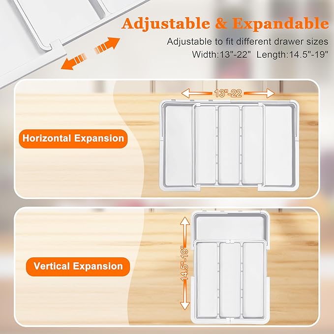 Spaclear Large Utensil Drawer Organizer Expandable Silverware Organizer for Kitchen Drawer Adjustable Cooking Utensil Holder Cutlery Flatware Tray Spatula Tools Gadgets Storage Dividers Plastic White
