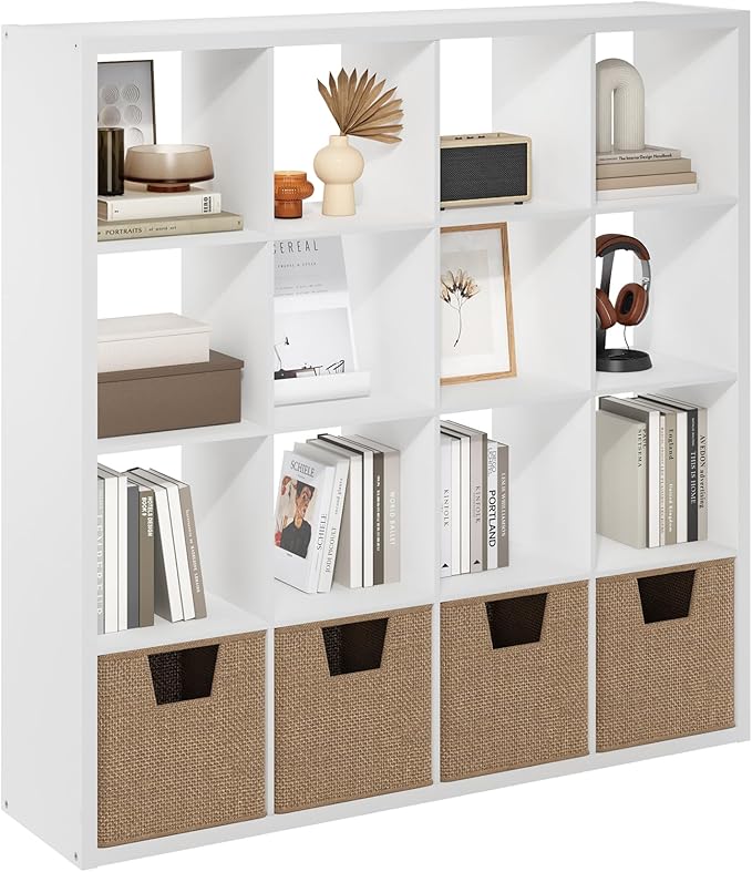 Furinno Cubicle Book Shelf, 16-Cube Bookshelf, Extra Thick Frame Reversible Tall Wide Bookcase with Open Back, 14.6 x 57.8 x 58, for Living Room, Bedroom, Home Office, Plain White