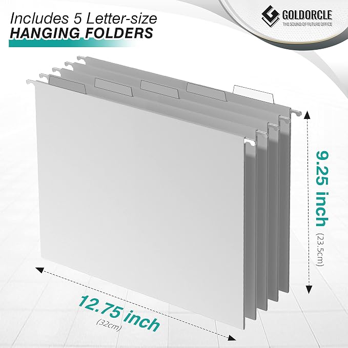 Hanging File Organizer, File Folder Organizer with Handles, Metal Mesh File Crate Storage Box, Letter Size (with 5 Grey Folders)