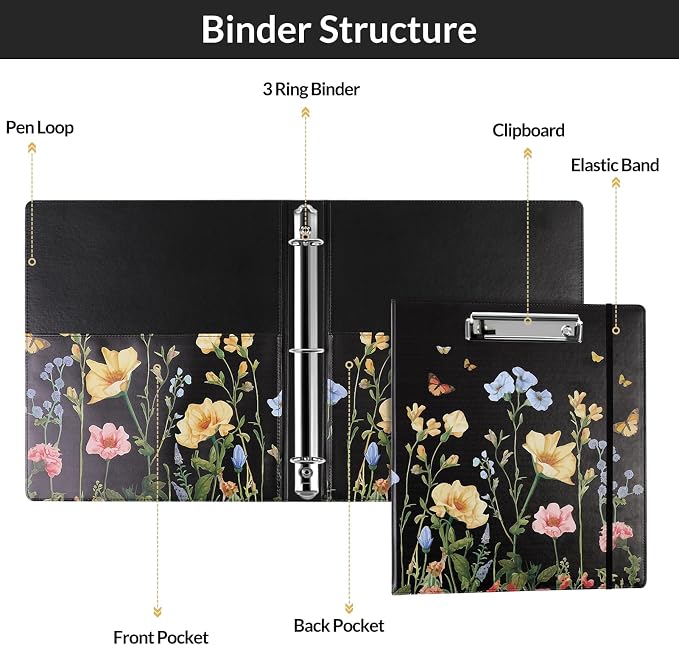SKYDUE 1 Inch 3-Ring Binder with Clipboard, PU Aesthetic Binder with 5 Dividers, Notepad, Stickers & Pockets for Work and School (Letter Size)