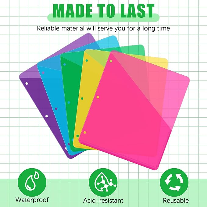 Maitys 50 Pack Binder Pockets 3 Ring, Letter Size 8.5x11,Neon Colors | Clear Plastic Document Sleeves, Sheet Protectors with Slash Jacket, Fits Standard 3 Hole Binders, Organize Office Papers